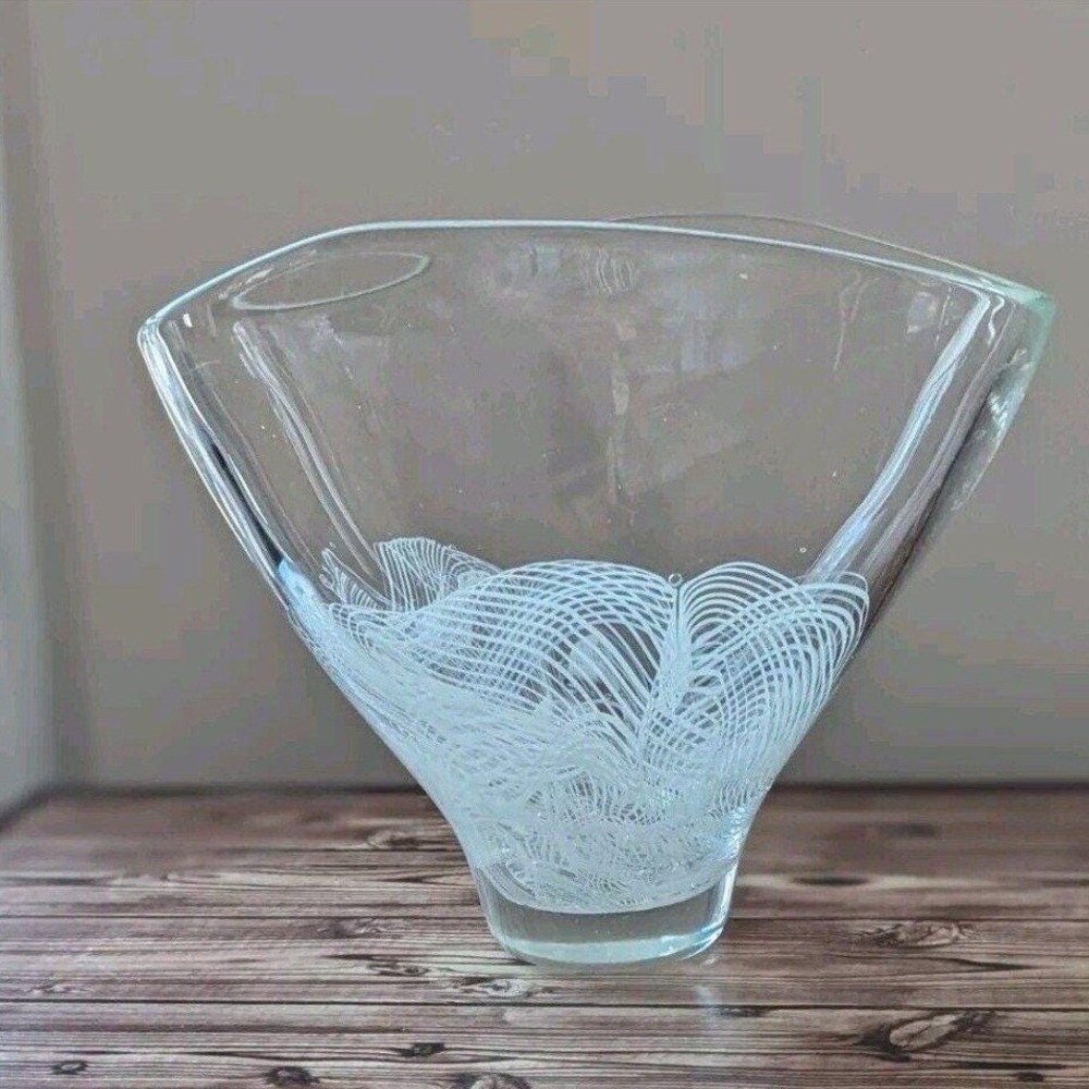 MCM Murano Style Art Glass Vase White Latticino Feather Clear Heavy Bowl Vase